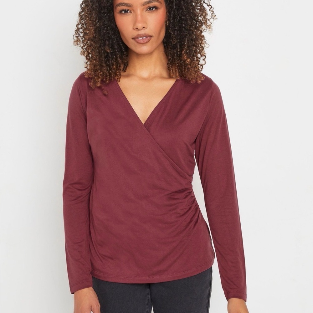 Women's Shimmering Burgundy Wrap-Front Long Sleeve Top